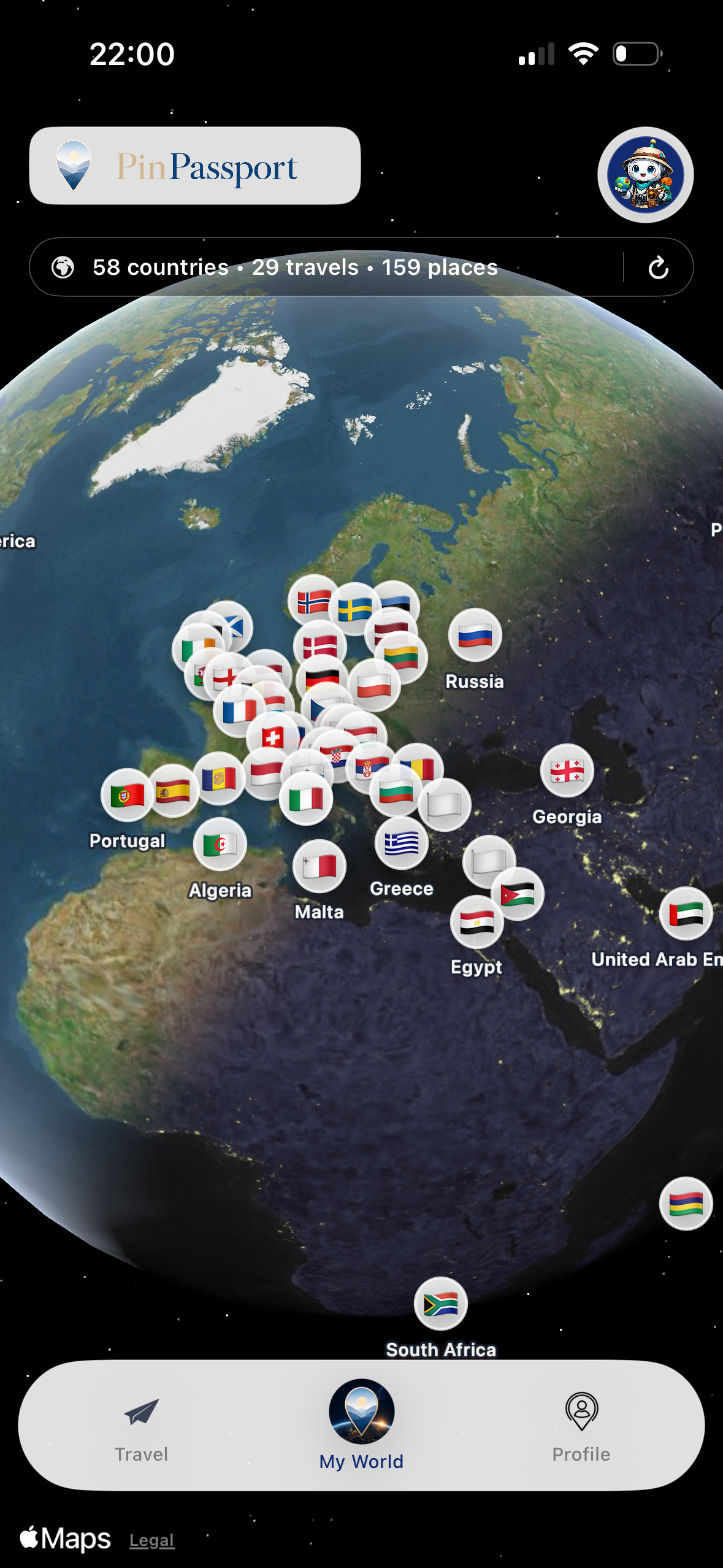 PinPassport My World dünya haritası ekranı