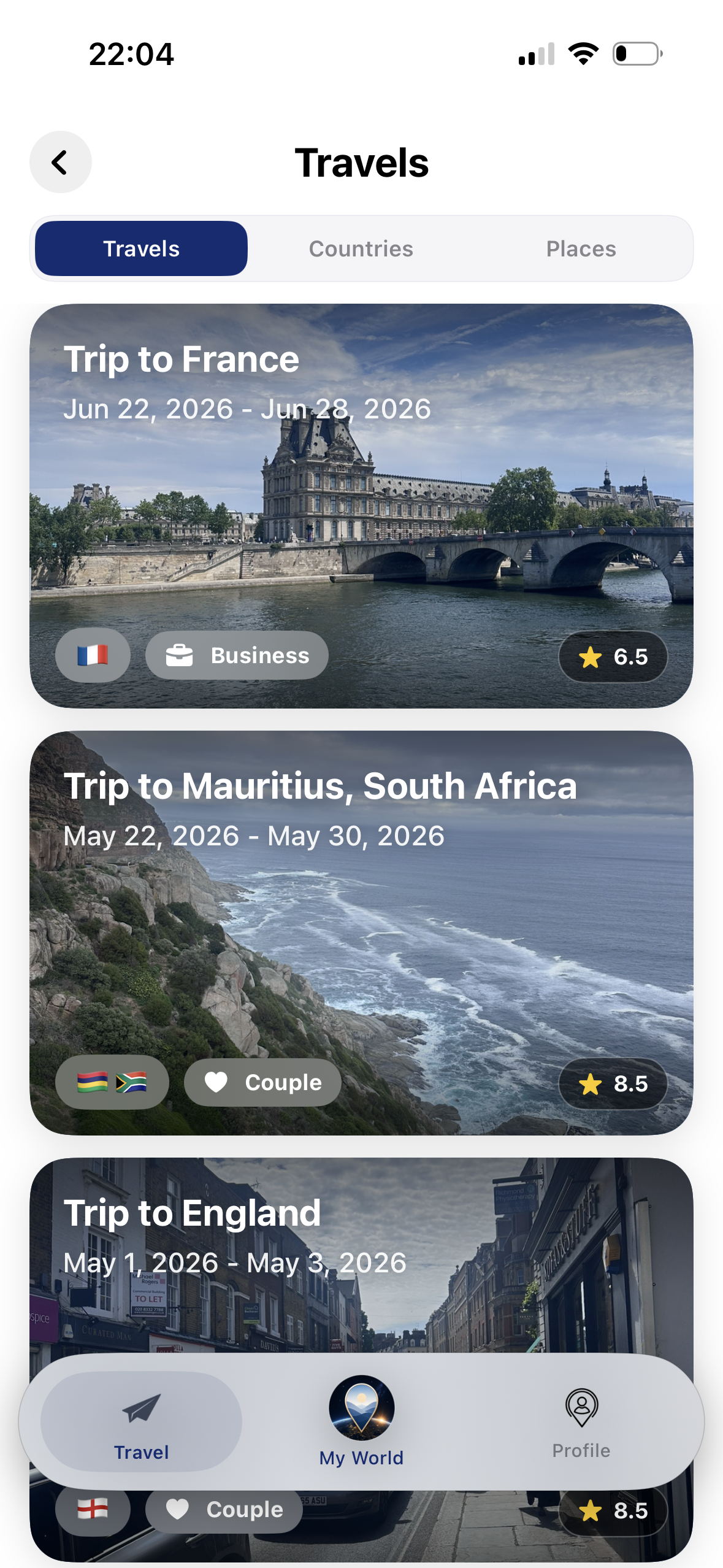 Travels list France Mauritius England ekranı
