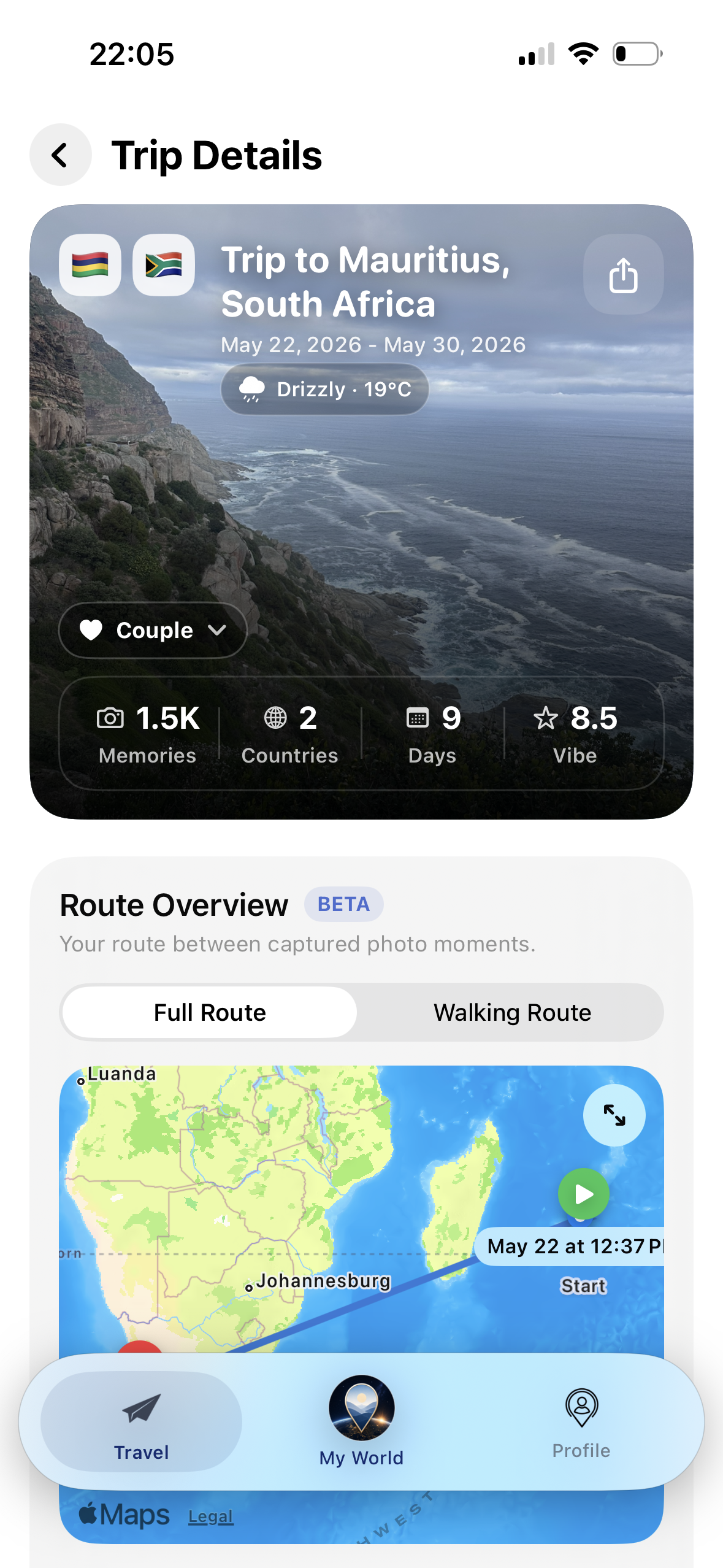 Trip Details rota özeti ekranı