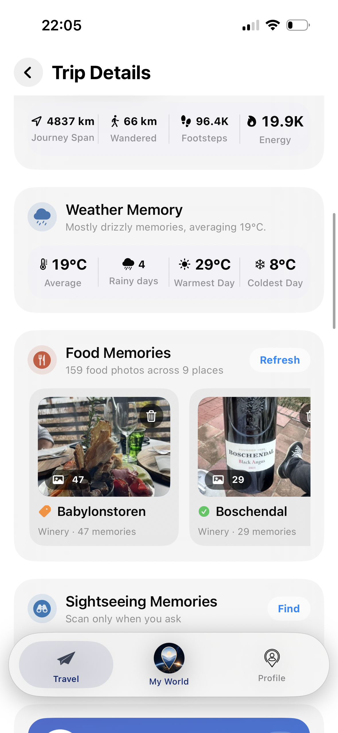 Food Memories ve Sightseeing Memories ekranı