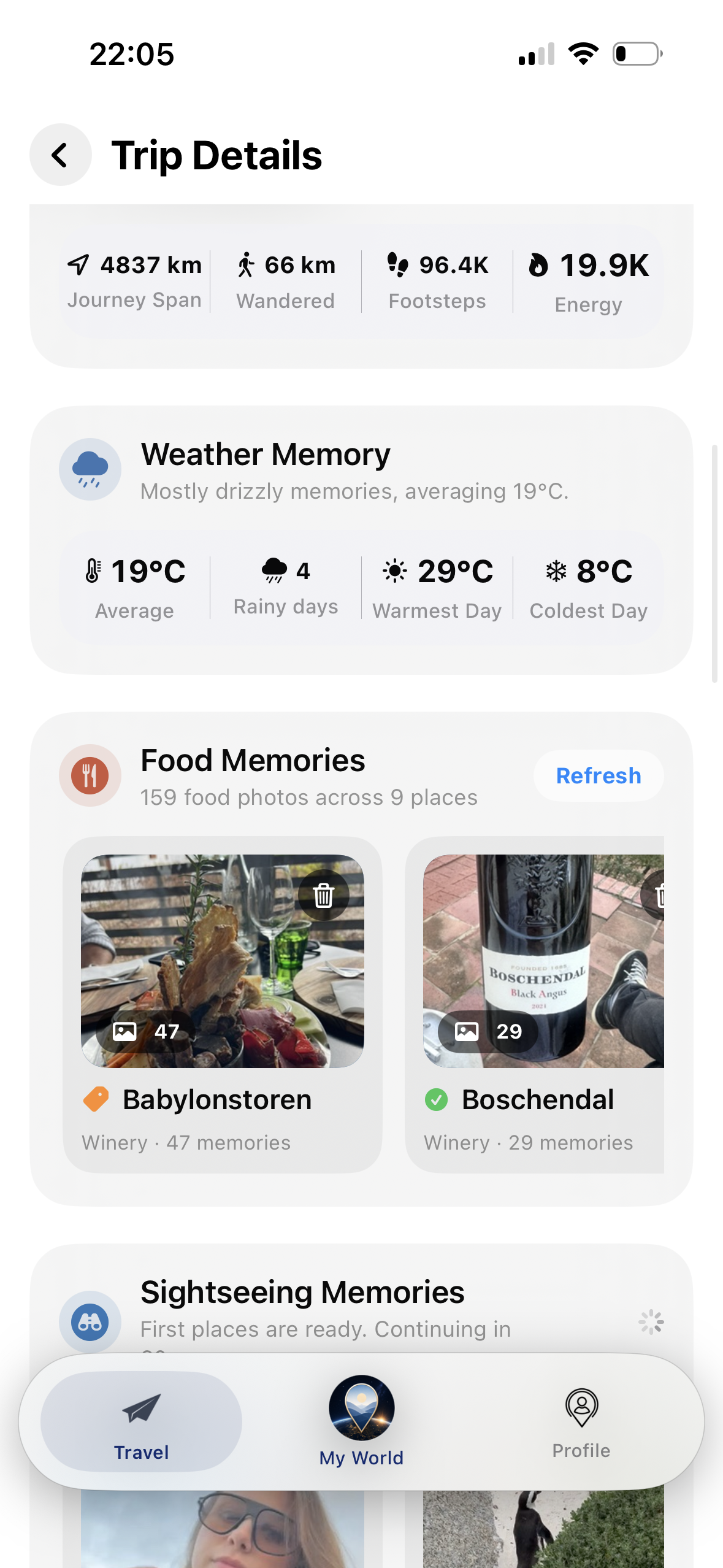 Sightseeing Memories ve Travel Memo ekranı