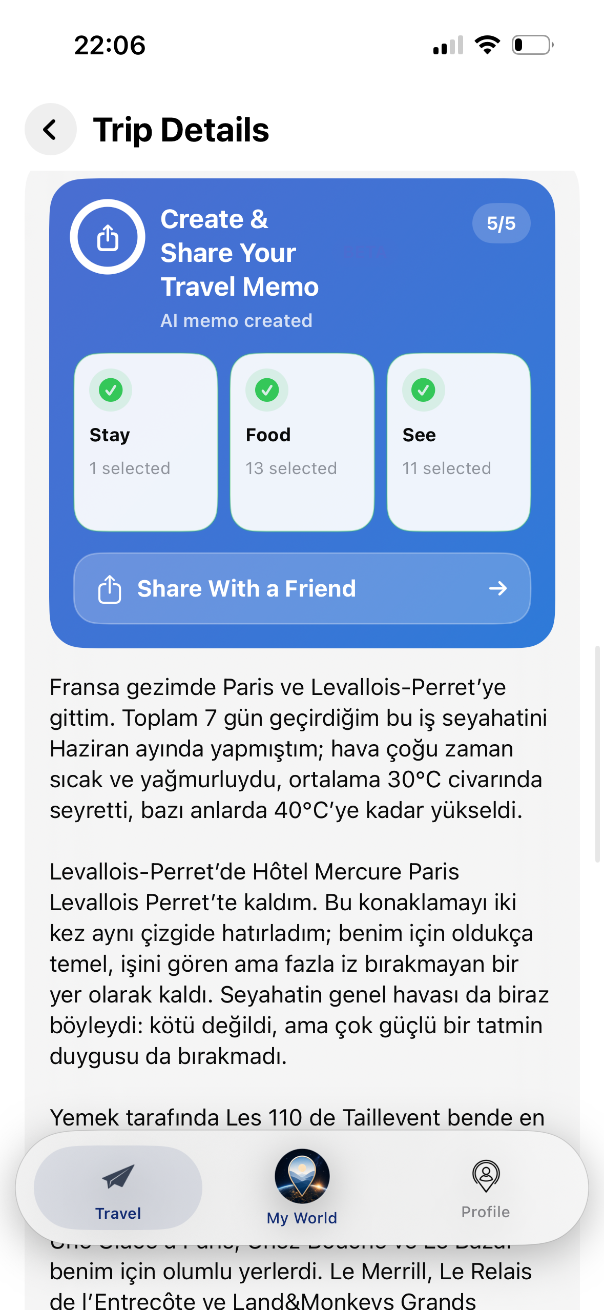 Create and share France travel memo ekranı
