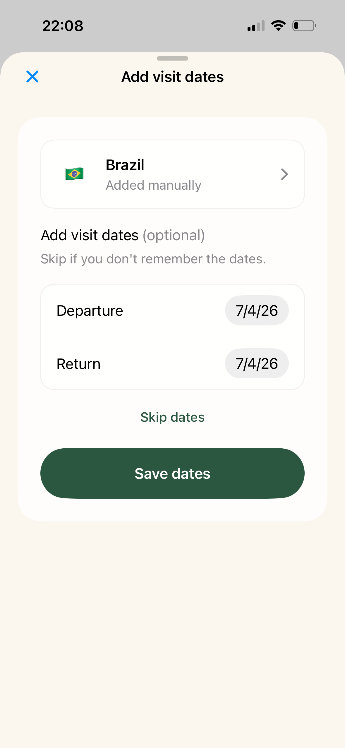 Brazil visit dates ekranı